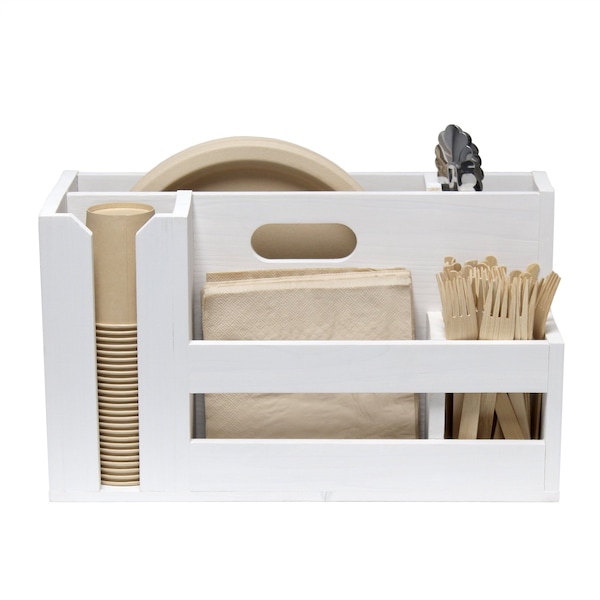 Wooden Flatware And Utensils Caddy Organizer With Cutout Handle, Multiple Compartments, White Wash